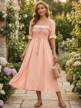 R.Yiposha Women Elastic Square Neck Ruffled Summer Flowy Midi Dresses Size M